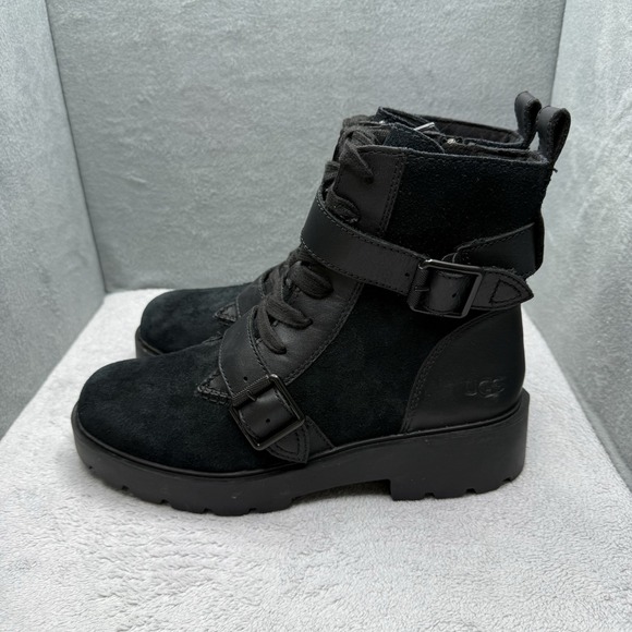 UGG Shoes - UGG Noe Black Leather Suede Moto Combat Boots Women's 10 Buckle Lug Sole Zip